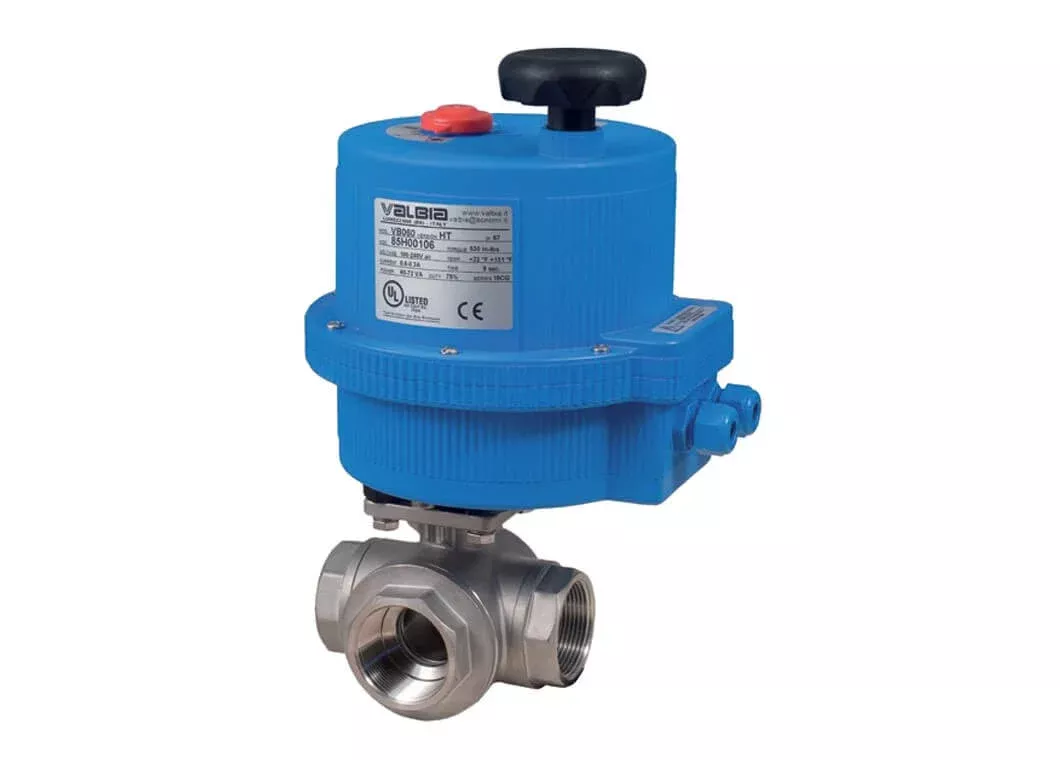 1-1/4" Bonomi 8E072-00 - Ball Valve, 3-way, L-Port, Stainless Steel, FNPT Threaded, Full Port, with Electric Actuator