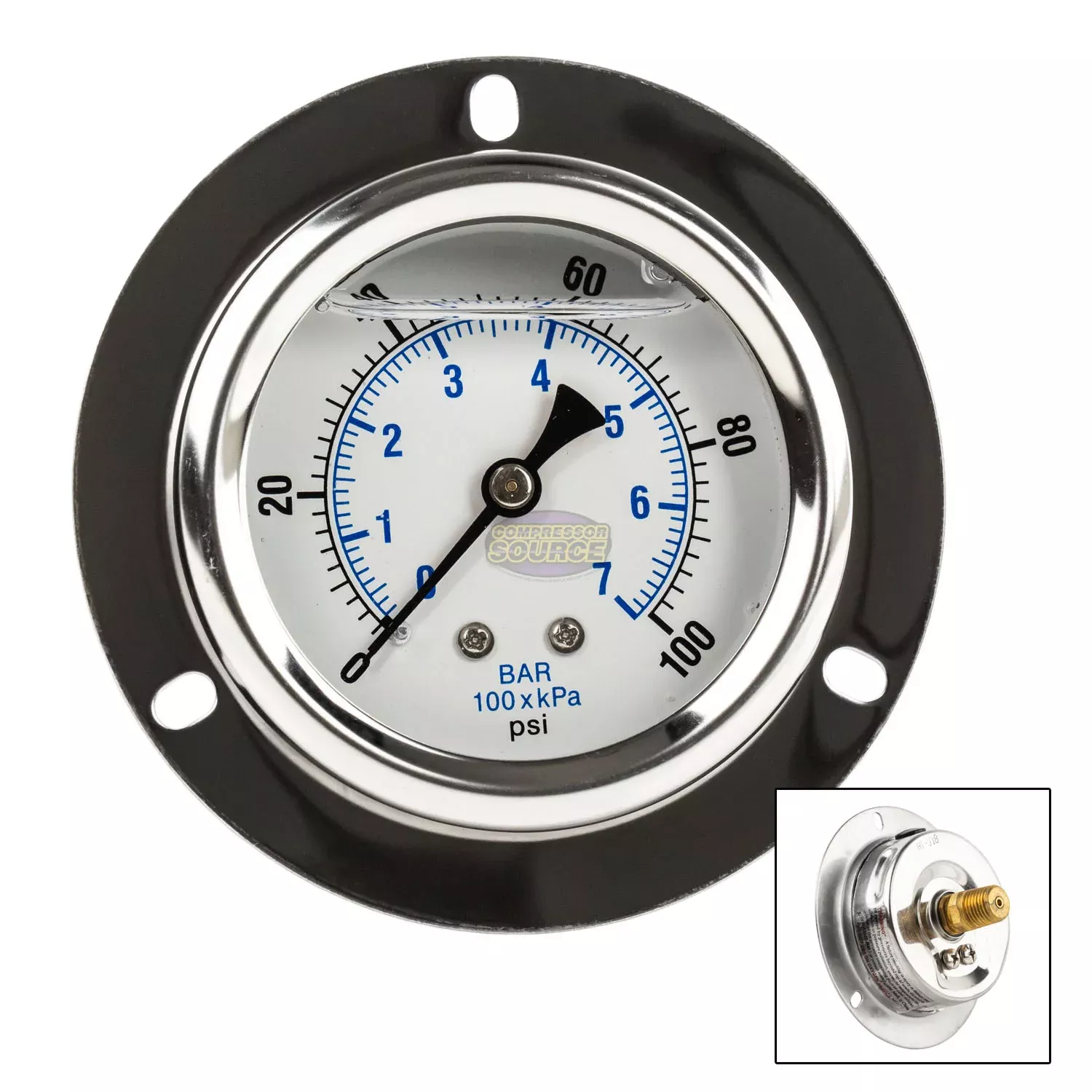 2.5" Liquid Filled Pressure Gauge 0-100 PSI 1/4" NPT CBM Panel Flush M