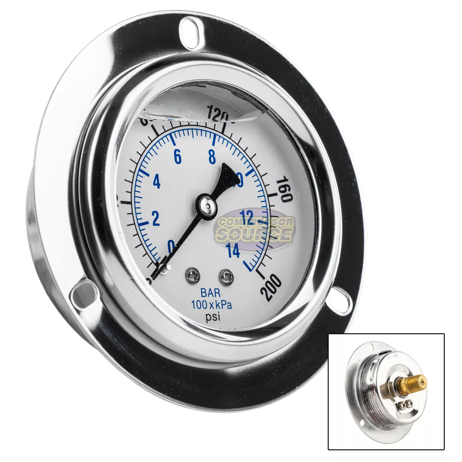 2.5" Liquid Filled Pressure Gauge 0-200 PSI 1/4" NPT CBM Panel Flush M