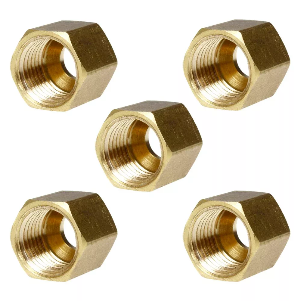 5 Pack 1/4" Compression Nut Hex Shape 7/16"-24 Thread Size Solid Brass