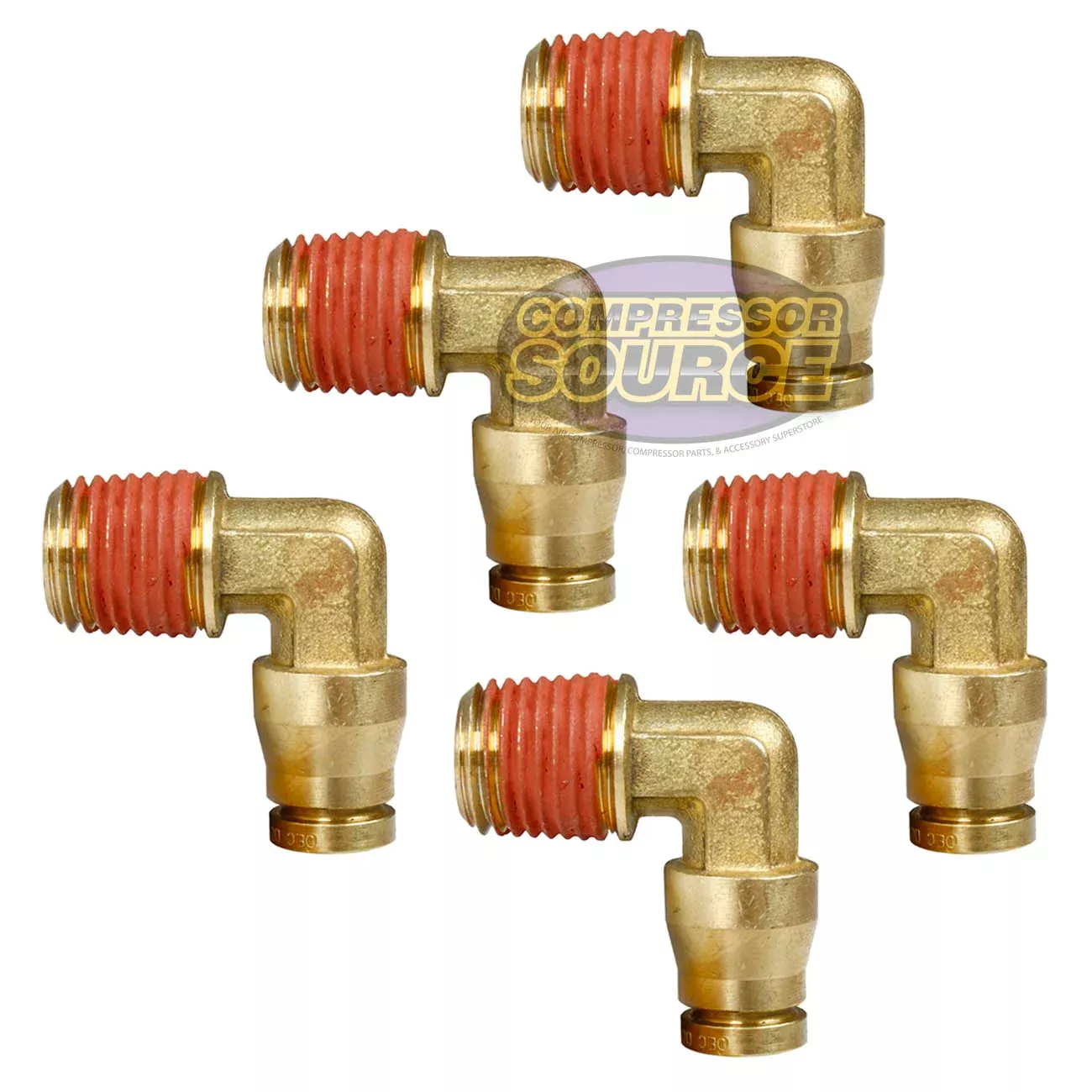 5 Pack 1/4" x 1/4" Push-In x Male NPTF Fixed Elbow Brass Quick Connect