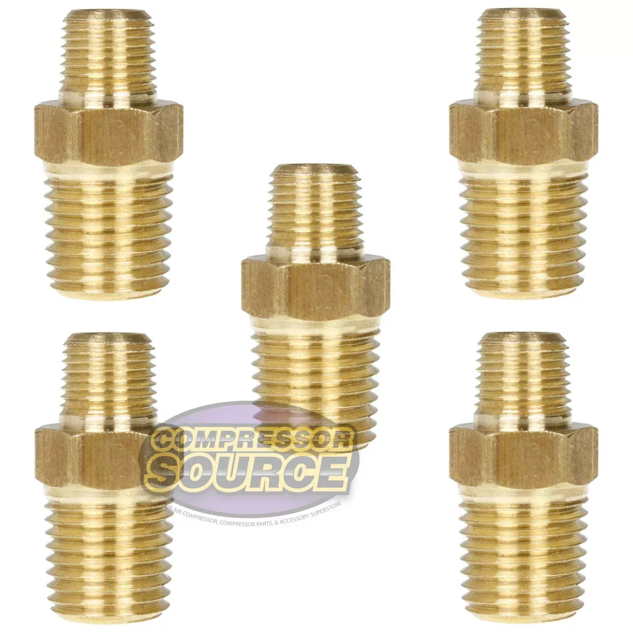 5 Pack 1/4" x 1/8" Male NPTF Pipe Reducing Hex Nipple Solid Brass Pipe