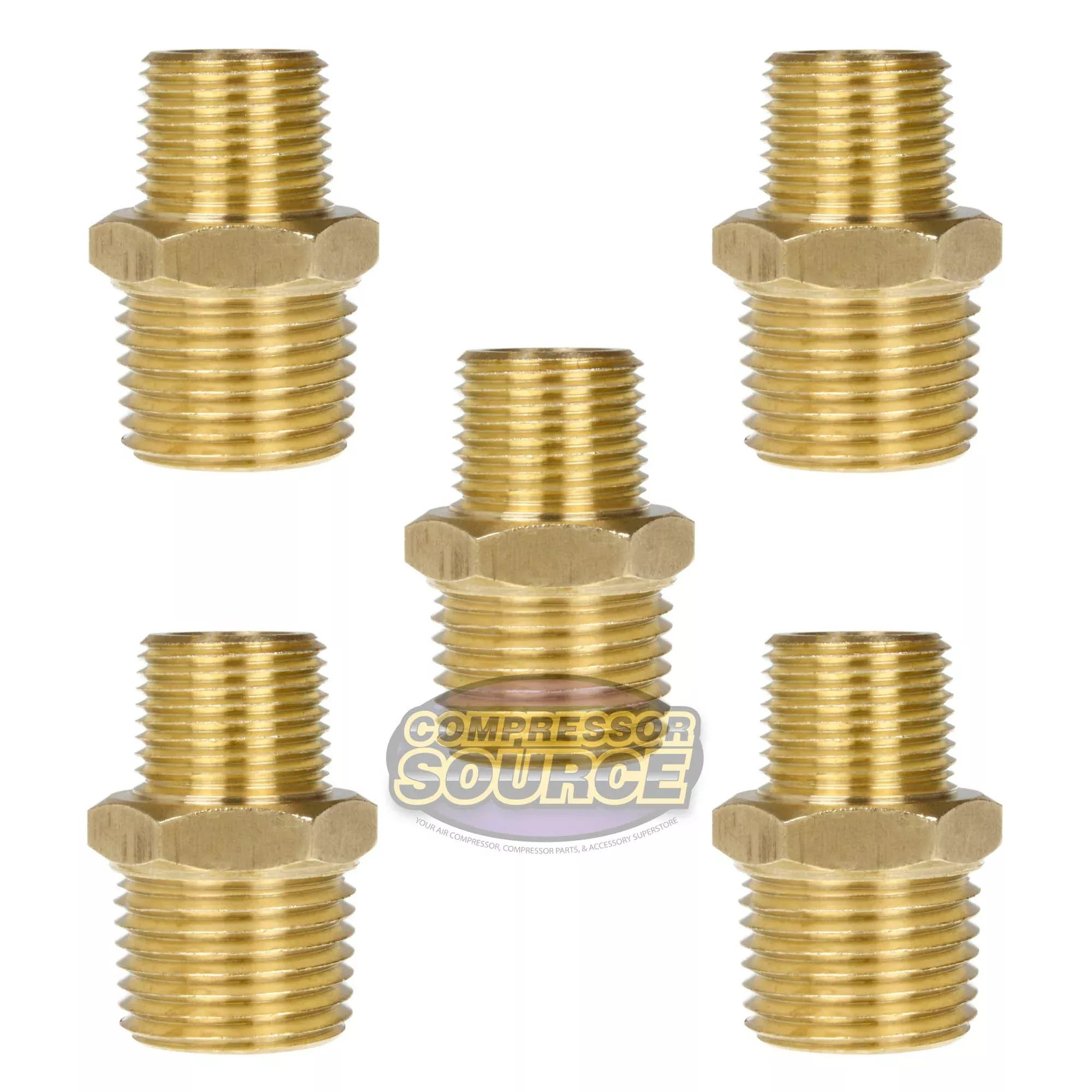 5 Pack 3/8" x 1/4" Male NPTF Pipe Reducing Hex Nipple Solid Brass Pipe