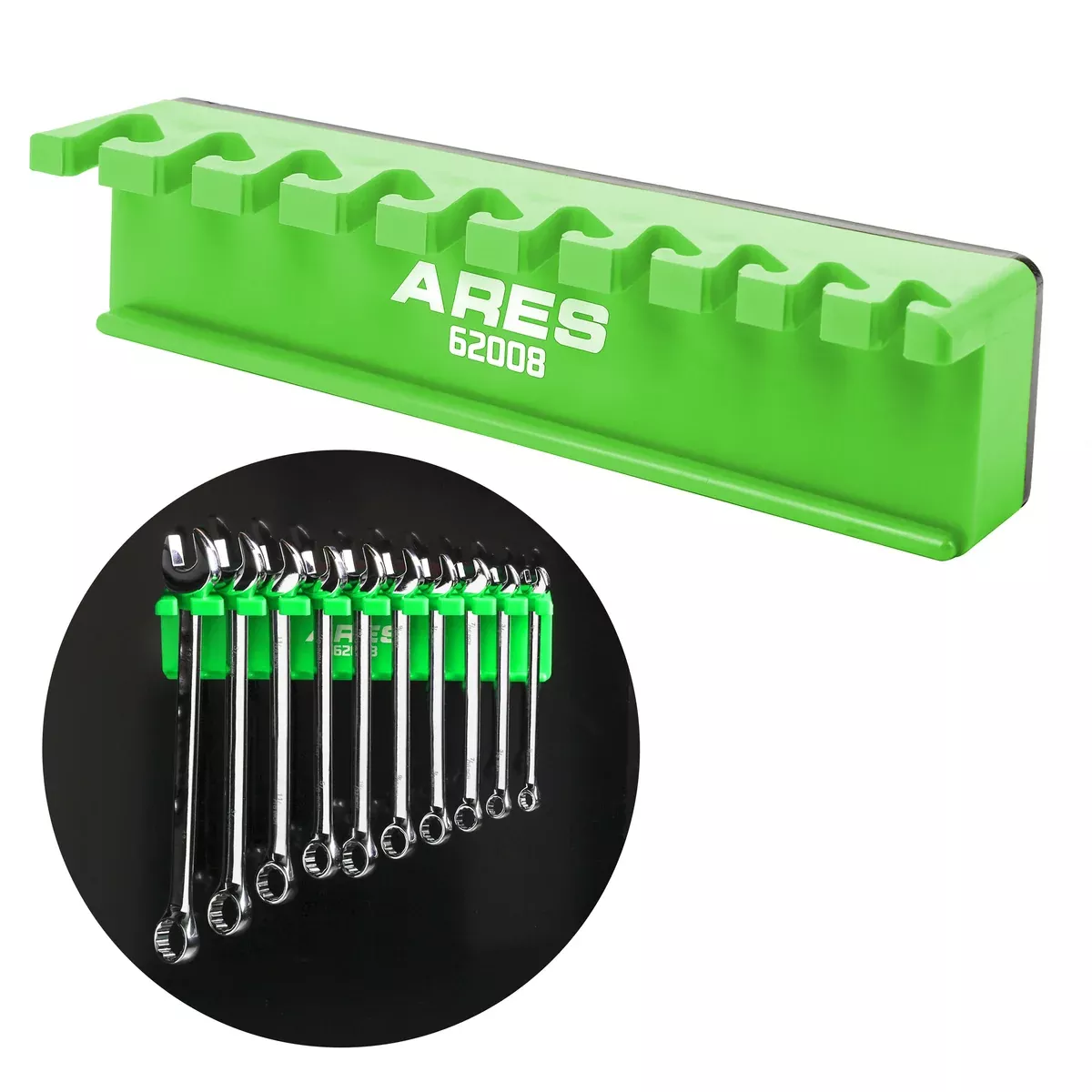 ARES 62057 - 10-Slot Green Magnetic Wrench Organizer