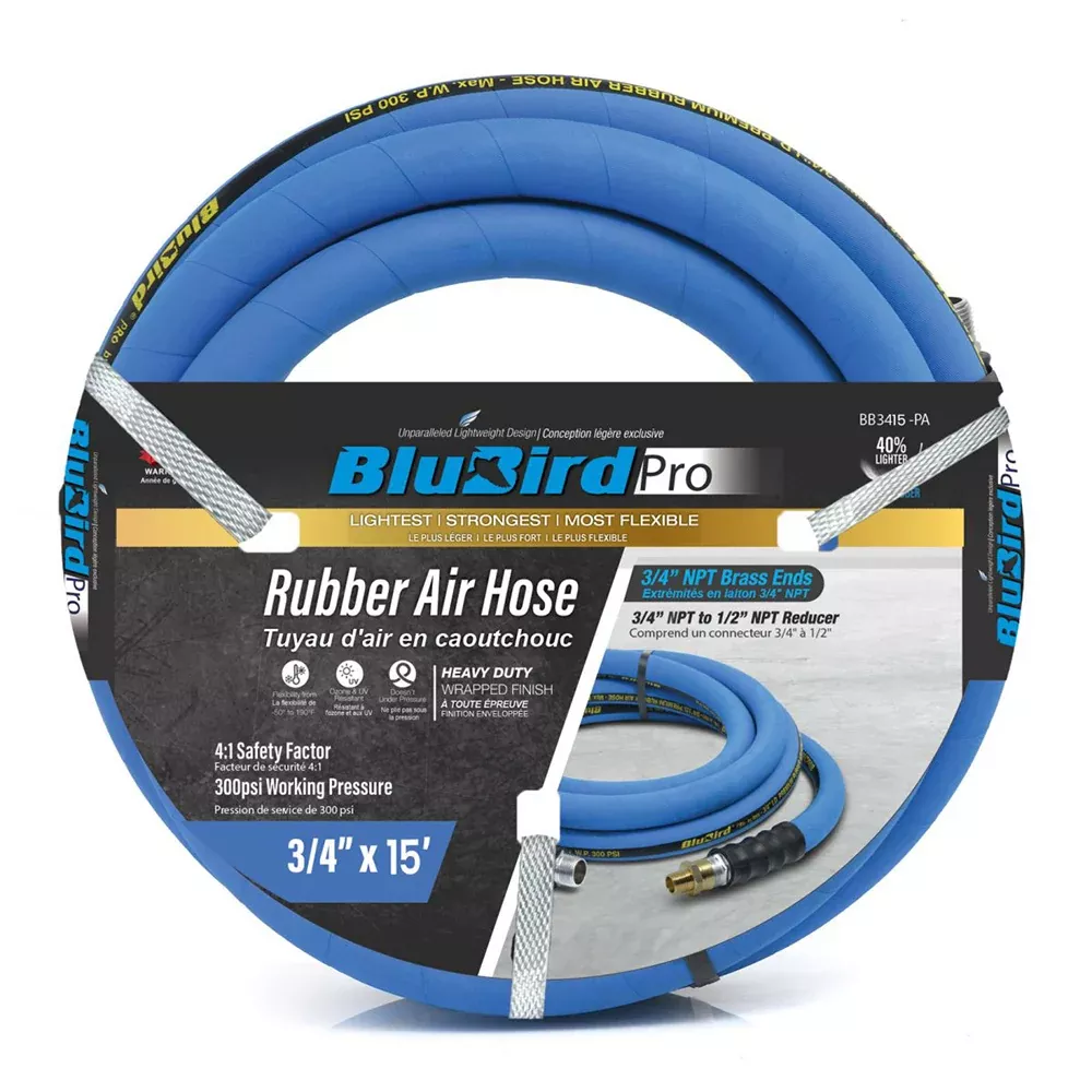 BluBird Pro Rubber Air Hose Assembly 3/4" x 15' 300 PSI BBPRO3415
