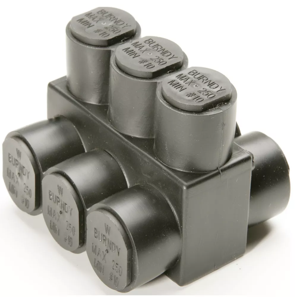 Burndy 1PLD3503 Al Distribution Tap Connectors, UV Black Plastisol Covered, 3 Ports, Double Sided Entry, #10-350 kcmil, 600 V, Torque 275 in/lbs, Temp Rating 90 Deg C