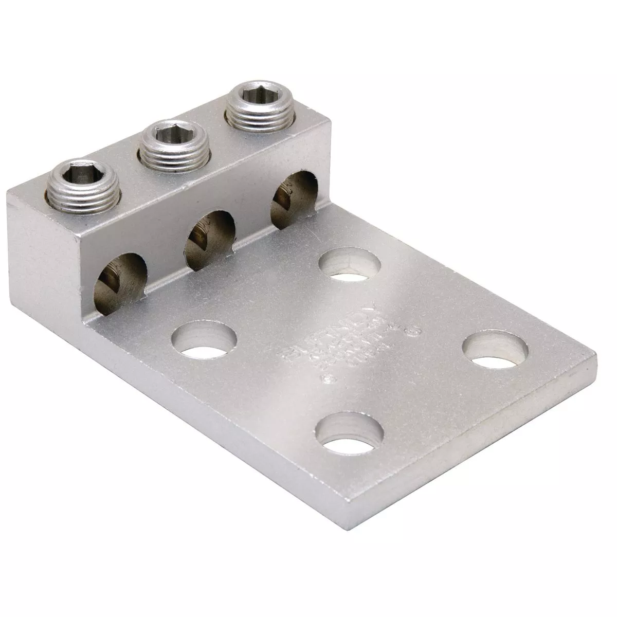 Burndy K3A29U4N Aluminum Universal Terminal, 3 Conductor, 4 Hole, 6 AWG (Str)-250 kcmil, 1/2" Stud, 175" Stud Hole Spacing, 3 Screws, Al/Cu Rated, Tin Plated