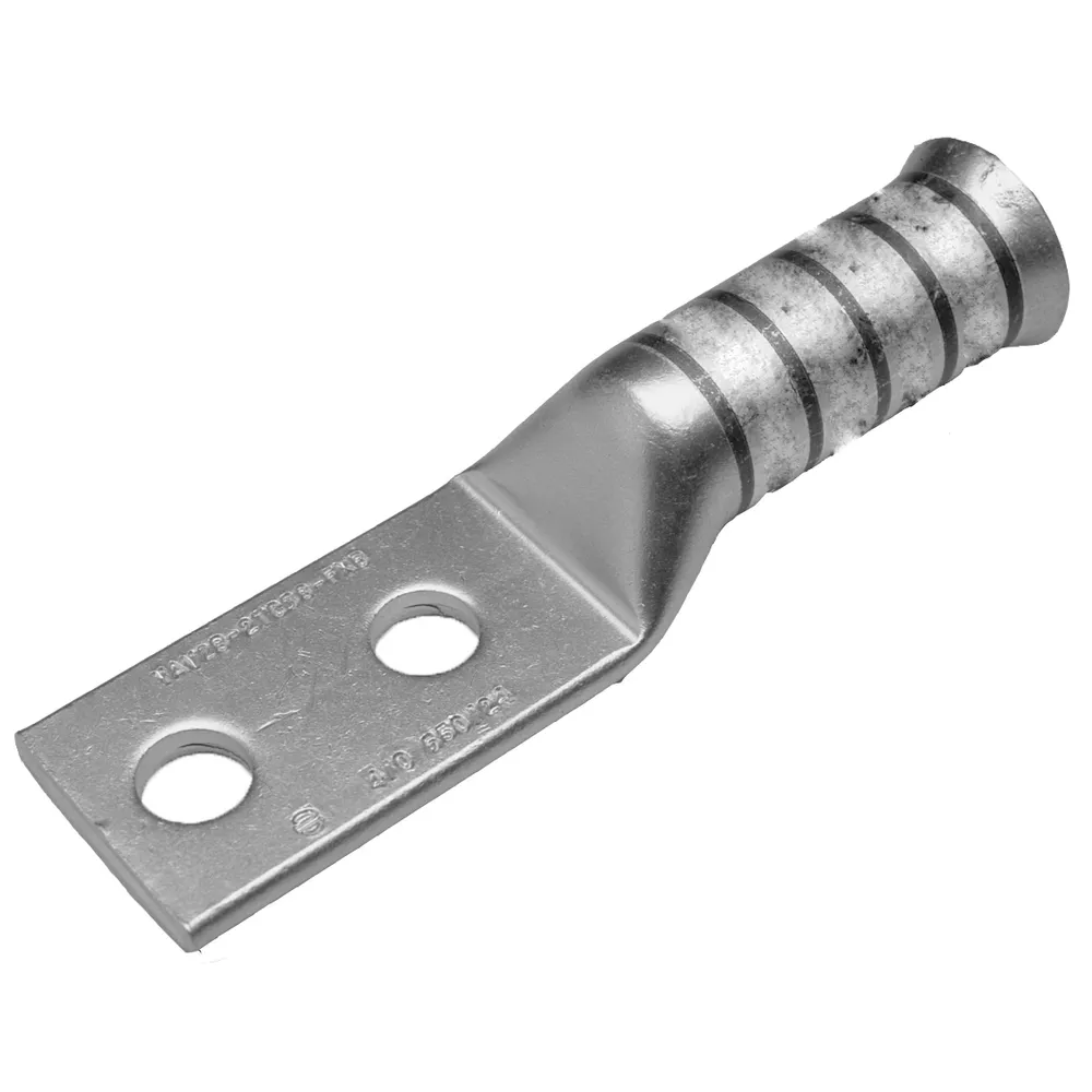 Burndy YAV252NFXB Copper Compression Lug, 2 Hole w/o Inspection Window, 1/0 Flex, 1/2" Stud, 1-3/4" Stud Hole Spacing, Long Barrel, Belled End, Tin Plated
