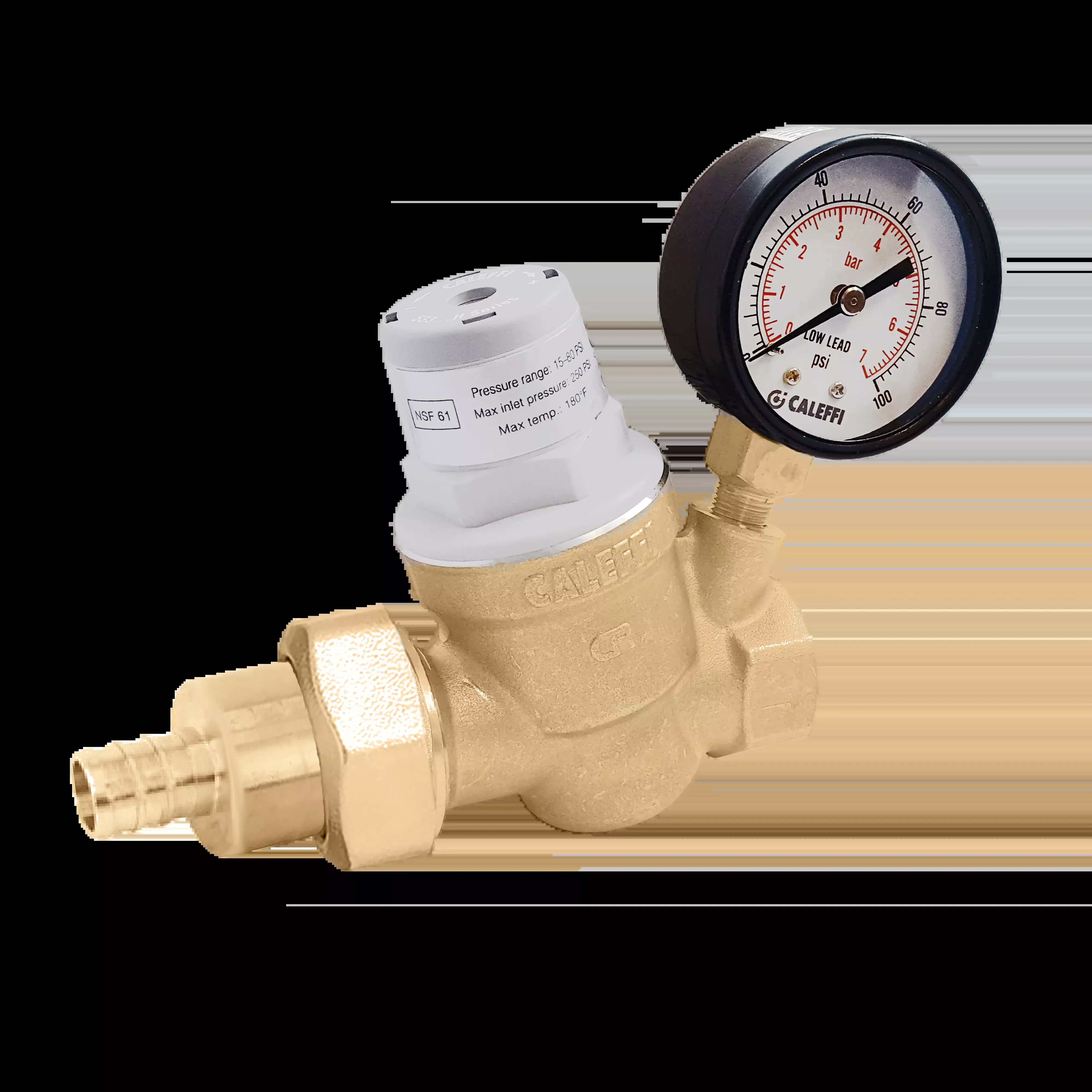 Caleffi 533851HA PresCal™ Compact Pressure Reducing Valve with Gauge, ¾" PEX Expansion Union in, FNPT out