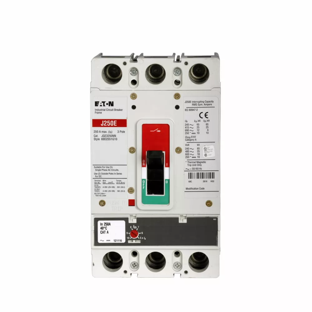 Cutler-Hammer JGE3250NN molded case circuit breaker accessory frame, Frame only, 250 A, 65 kAIC at 240 V, 25 kAIC at 480 V, 18 kAIC at 600 V, Three-pole, 600 V, Frame only (no trip), Frame J-K, Series G