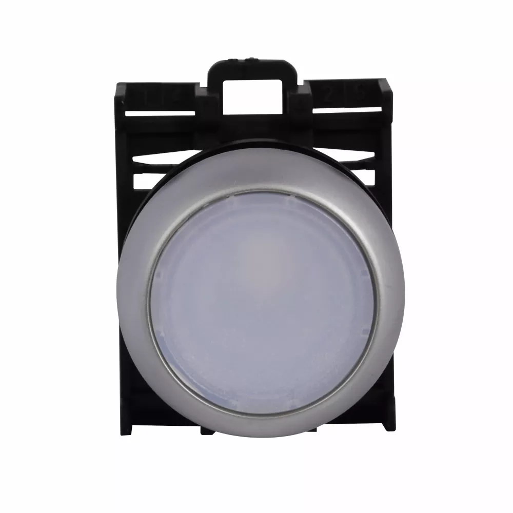 Cutler-Hammer M22-DL-W M22 modular pushbutton, 22.5 mm, Flush, Momentary, Illuminated, Bezel: Silver, Button: White, IP67, IP69K, NEMA 4x, 13, 5,000,000 Million mechanical operations