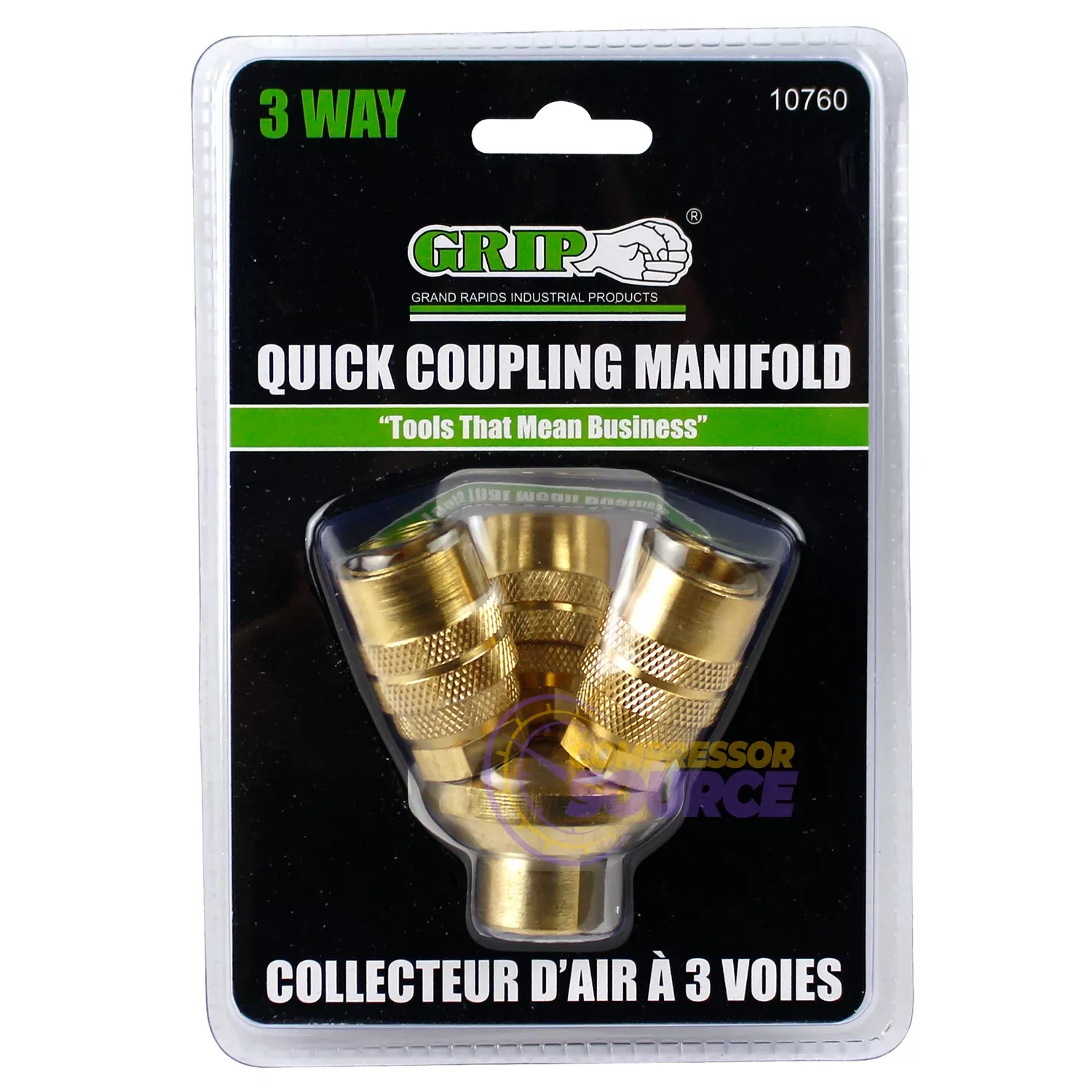 GRIP Tools 3 Way Quick Coupling Manifold 300 PSI Air Inlet 1/4" Couple