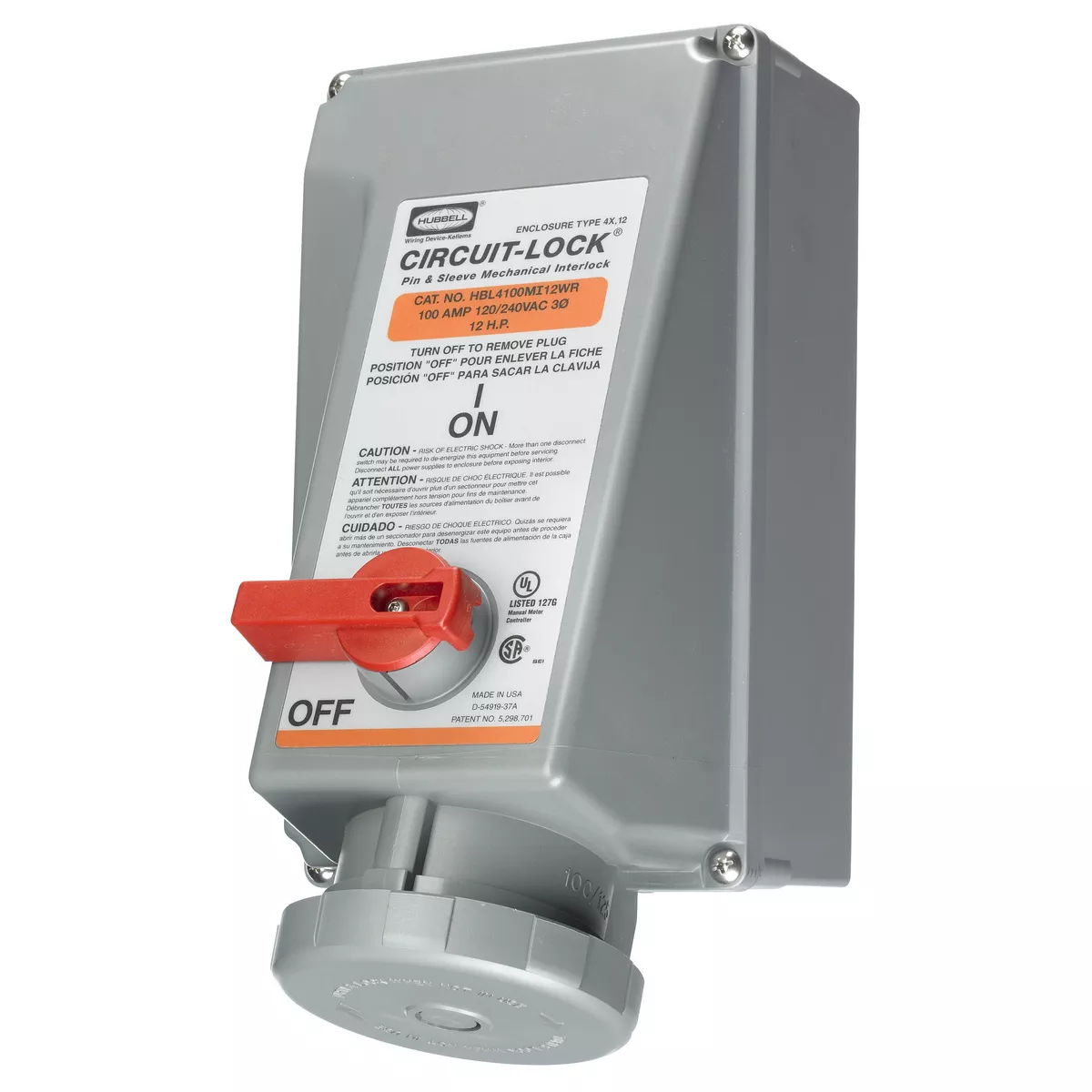 Hubbell HBL4100MI12WR Pin & Sleeve IEC Reverse Service Circuit-Lock Mechanical Interlock, 100A 3P4W, 120/240V, IP67, NEMA 4X, 12