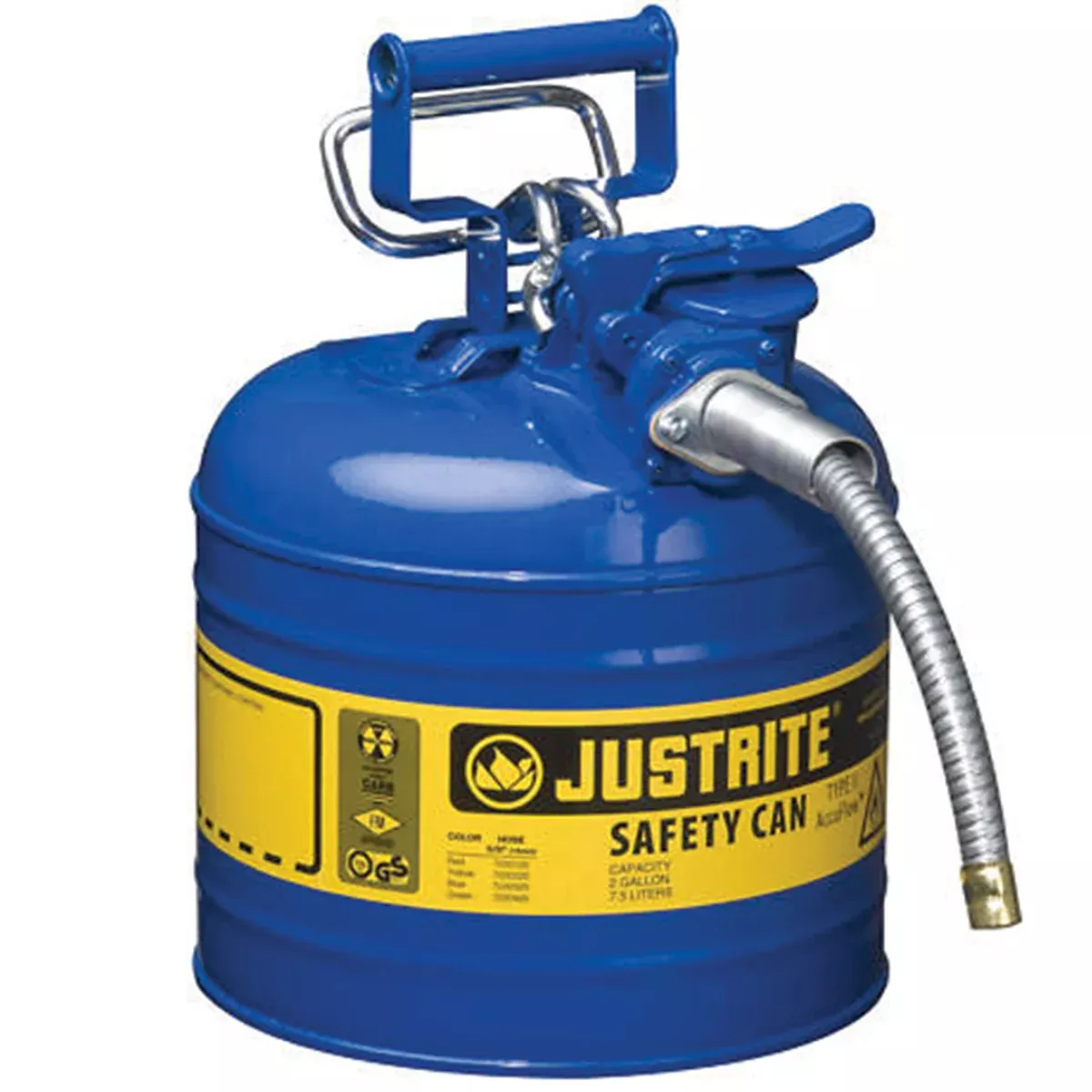 Justrite 7220320 Type II Blue Steel 2 Gallon Gas Can