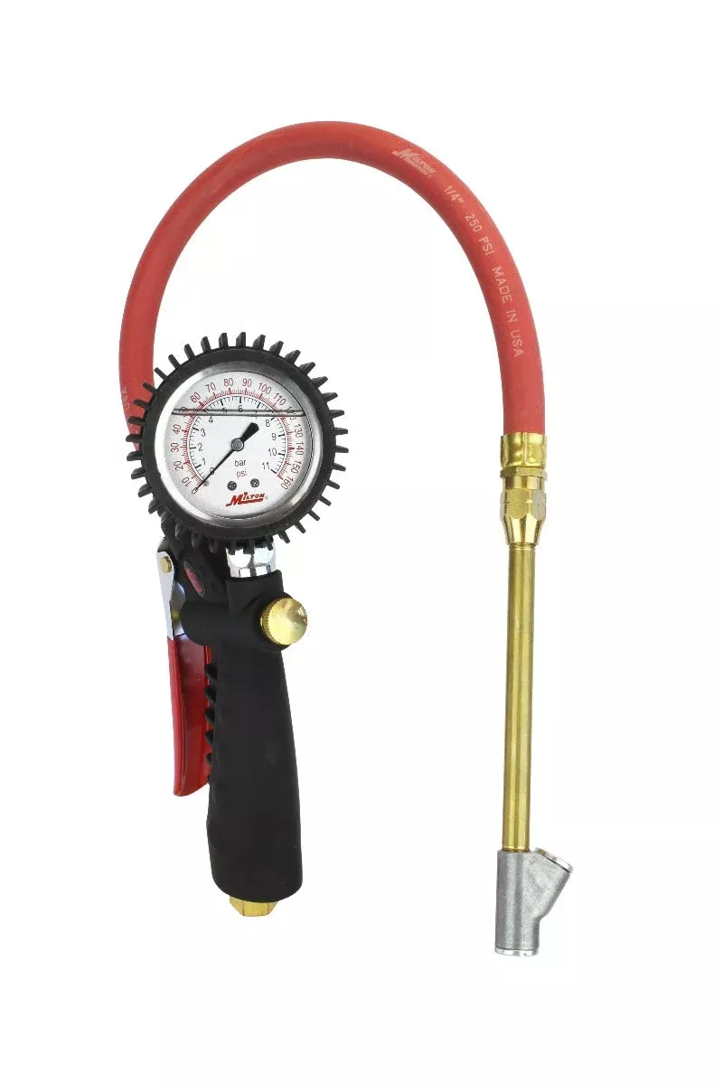 Pro Series Oil-Filled Analog Pistol Grip Tire Inflator/Deflator Pressure Gauge - Dual Head Straight Foot Chuck w/Lock-On Threads, 15" Hose, 160PSI