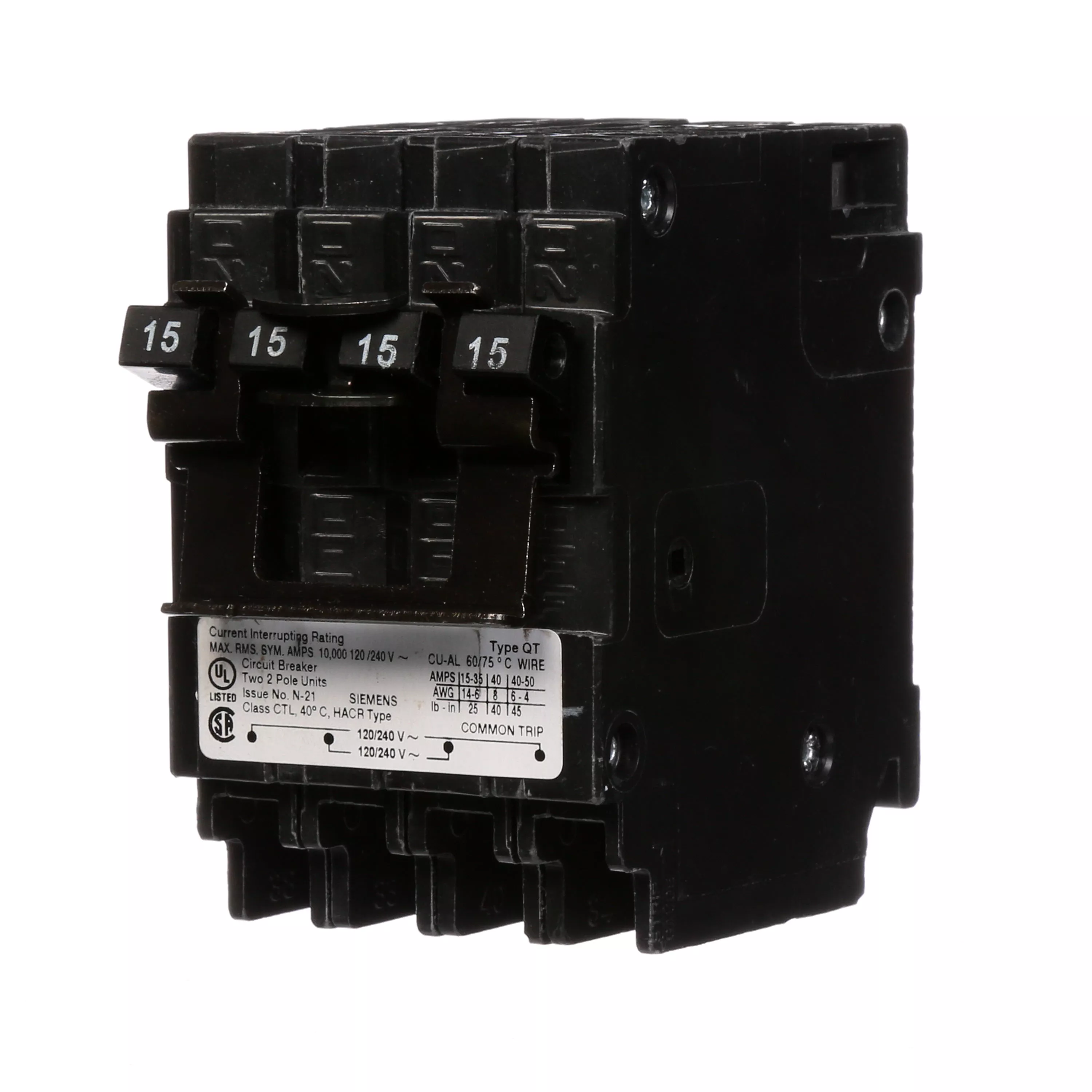 Siemens Q21515CT2 Quadplex Circuit Breaker, 2-Pole 15A-15A Inner-Outer Common-Trip, 120/240V AC, Plug-In, 10kA