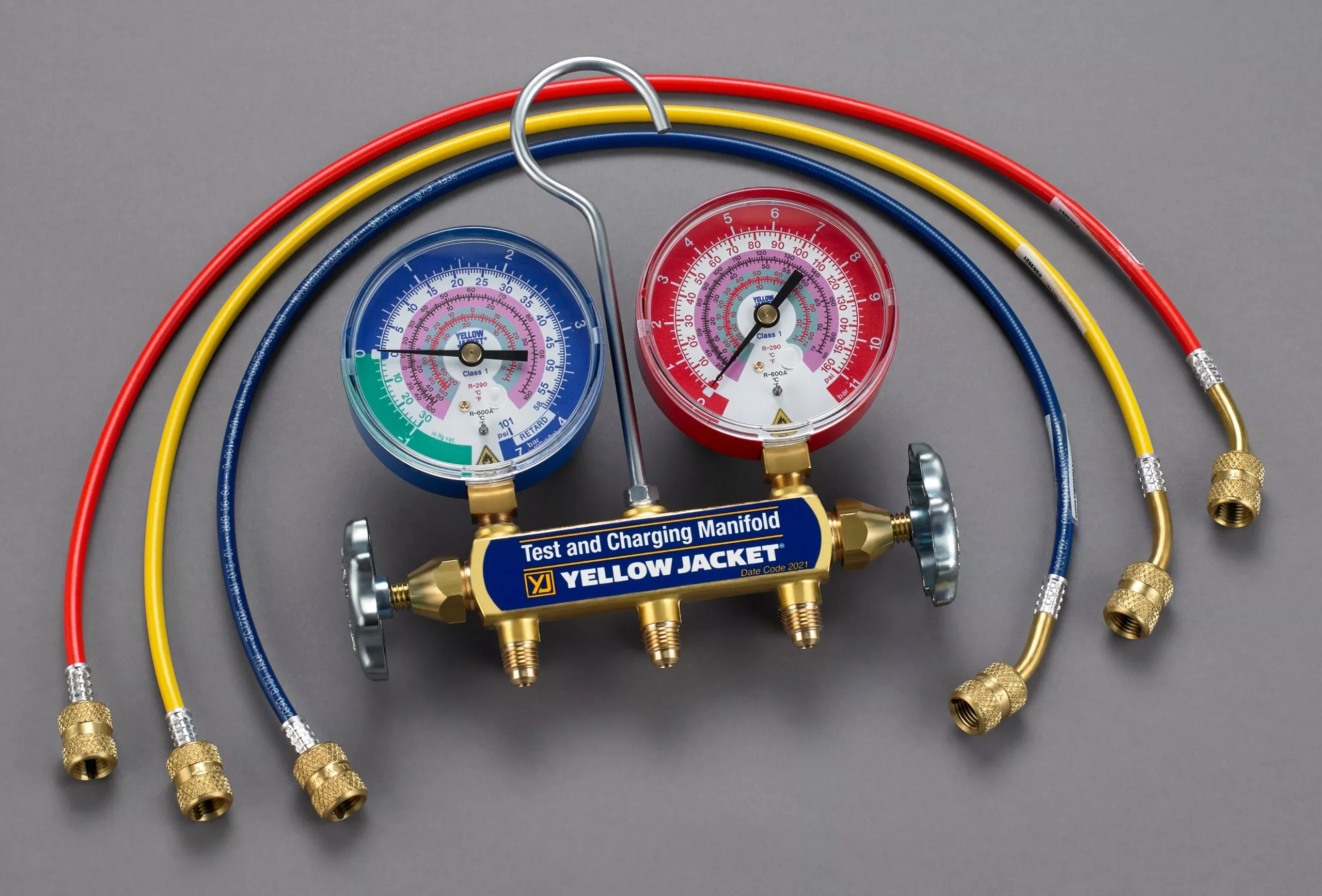 Yellow Jacket 41868 Series 41 Manifold with 24″ RYB REFFLEX hose, standard fittings, bar/psi, R290/600A, °F and °C